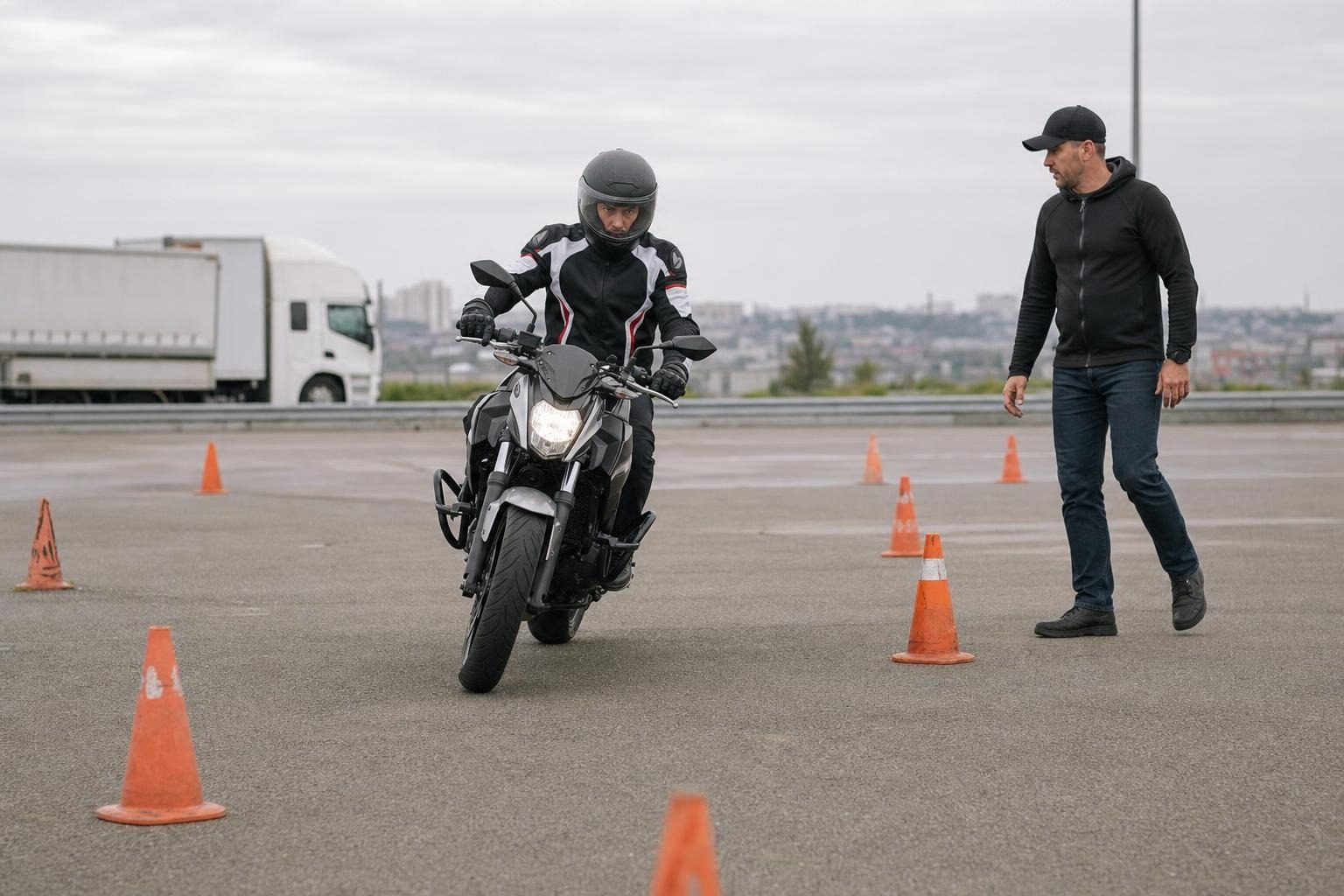 Élève motard en leçon sur plateau entre des plots